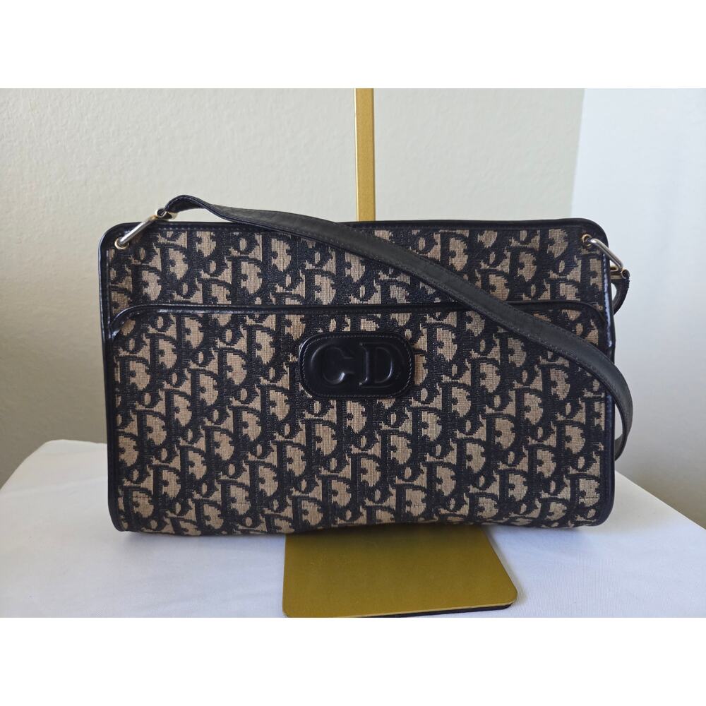 Christian Dior Trotter Monogram Shoulder Bag Navy Canvas CD Logo Vintage